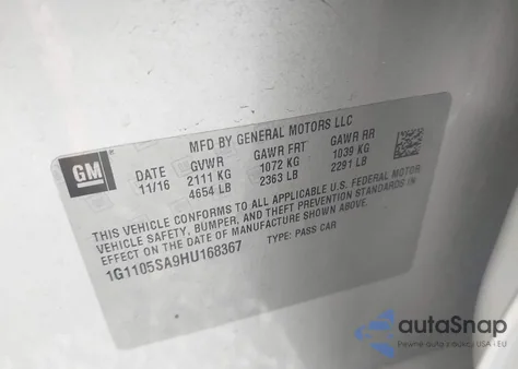 2017 Chevrolet Impala 1Lt from USA, damaged, VIN 1G1105SA9HU168367